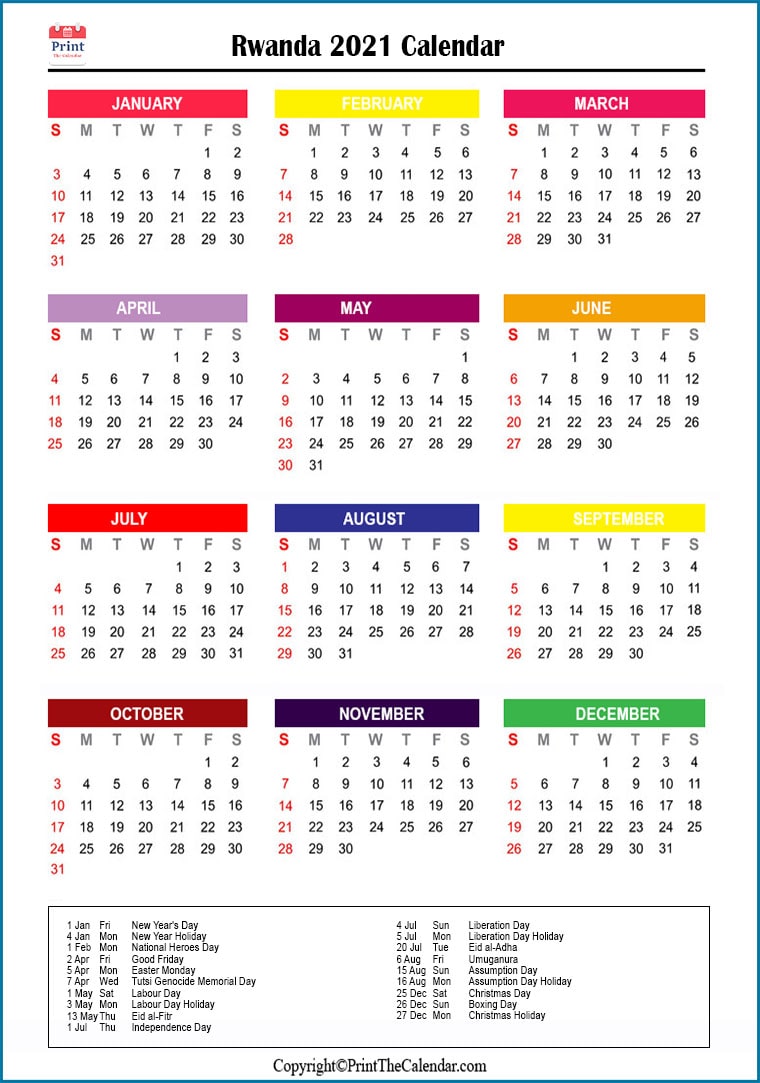 Rwanda Printable Calendar 2021